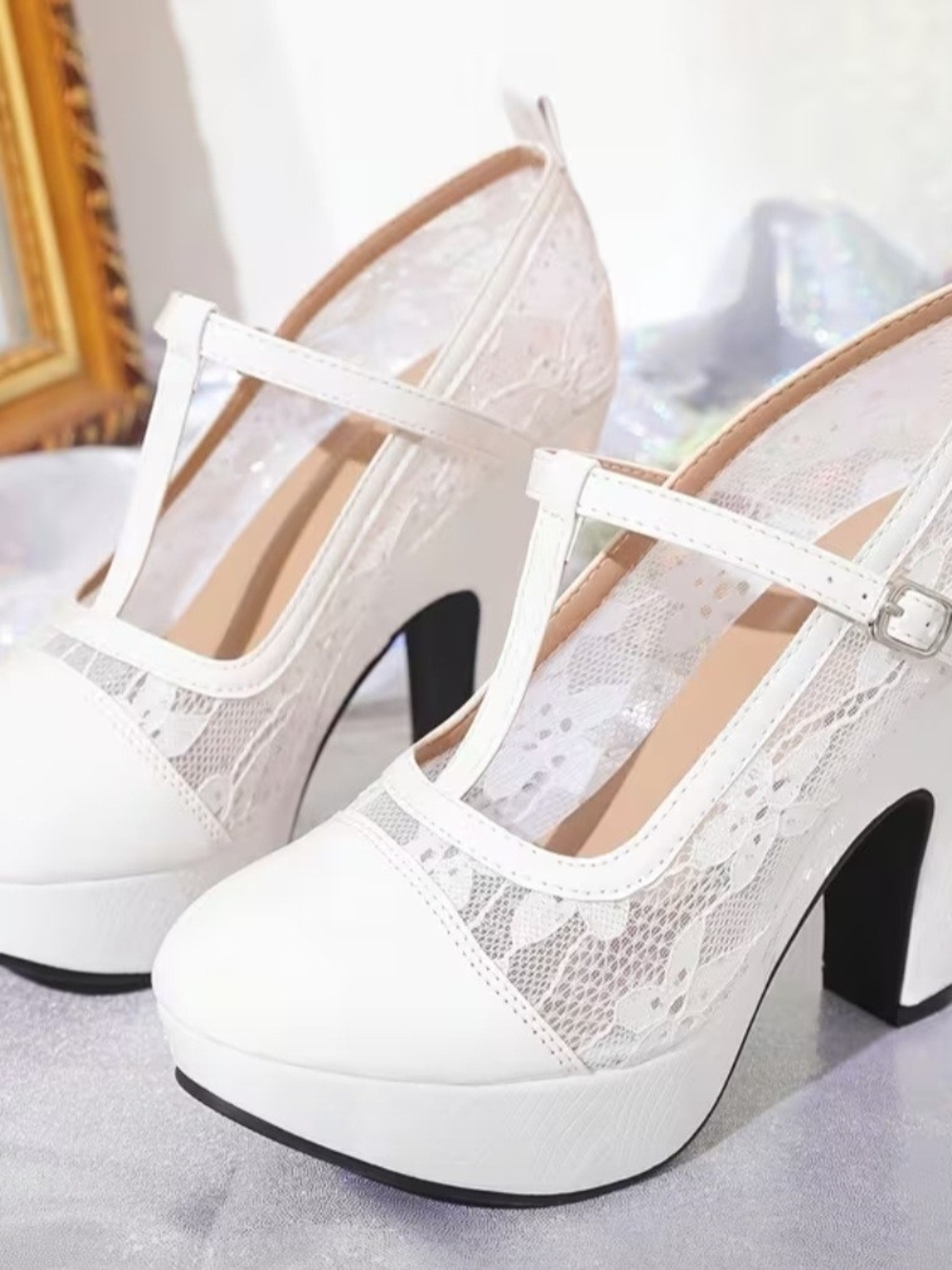Elegant White Lace T-Strap Platform Heels - Women Shoes